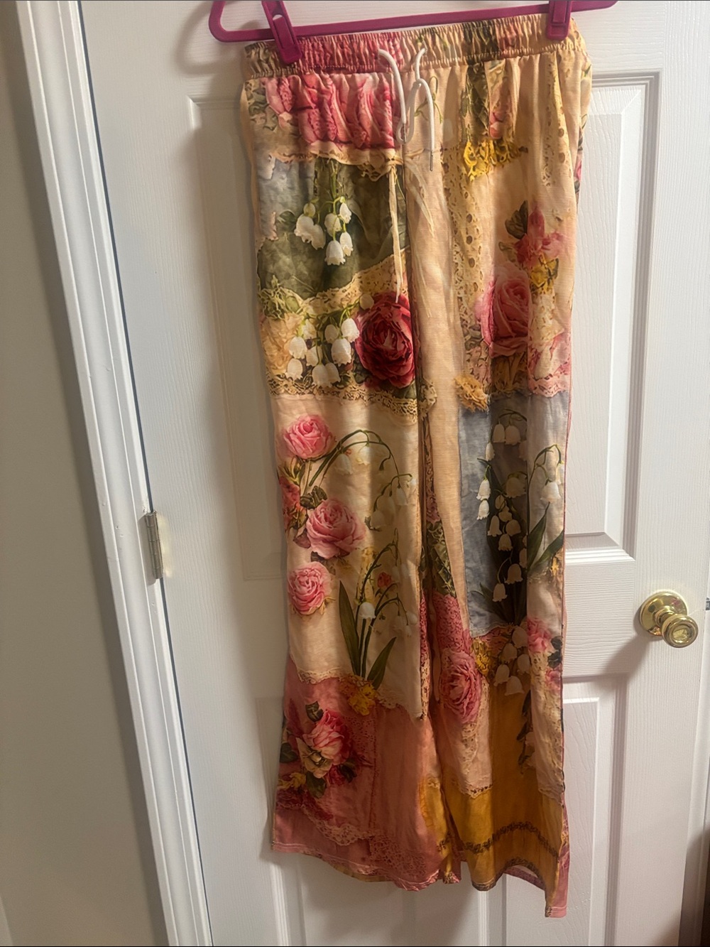 Floral Patchwork Satin Lounge Pants - Pink & Cream